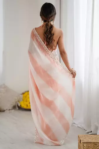 peach tie and dye beads and stones satin designer saree