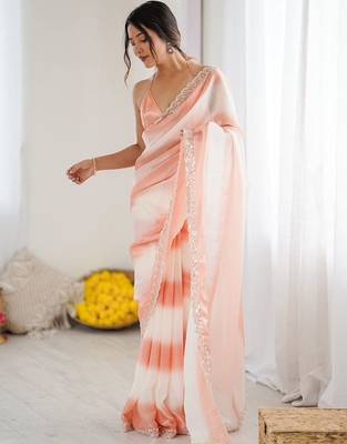 peach tie and dye beads and stones satin designer saree 4