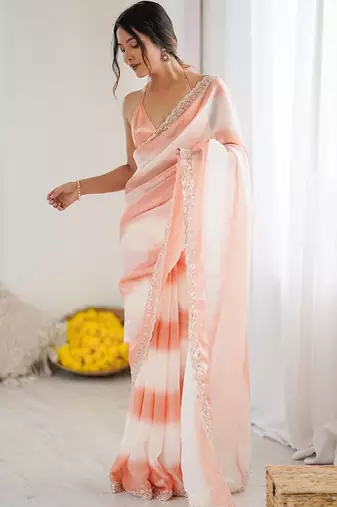 peach tie and dye beads and stones satin designer saree