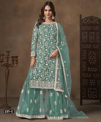 Blue net semi stitched suit with embroidery work 1