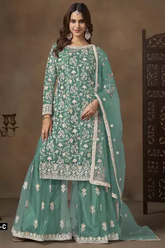 Blue net semi stitched suit with embroidery work