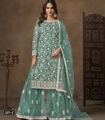 Blue net semi stitched suit with embroidery work