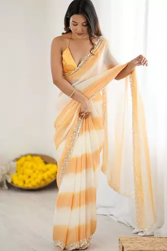 white tie and dye beads and stones satin designer saree