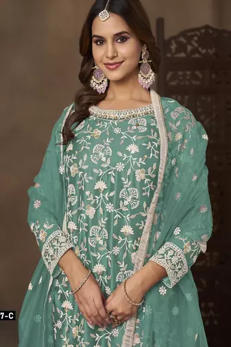 Blue net semi stitched suit with embroidery work