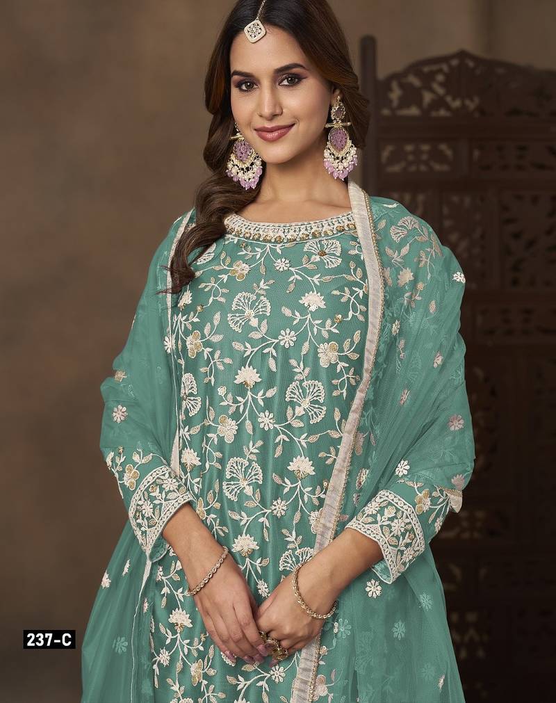 Blue net semi stitched suit with embroidery work