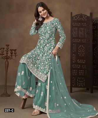 Blue net semi stitched suit with embroidery work 3