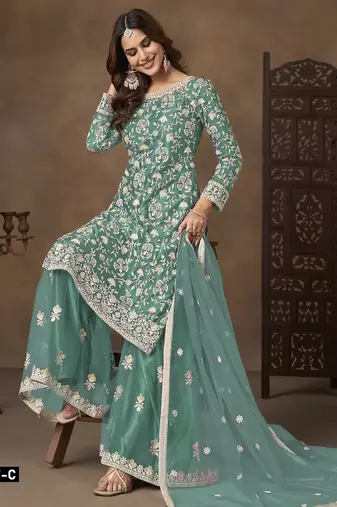 Blue net semi stitched suit with embroidery work