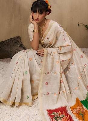off white floral embroidered muga cotton saree with unstitched blouse 1