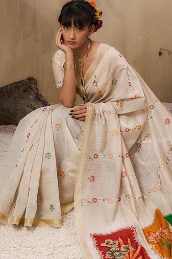 off white floral embroidered muga cotton saree with unstitched blouse