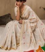 off white floral embroidered muga cotton saree with unstitched blouse