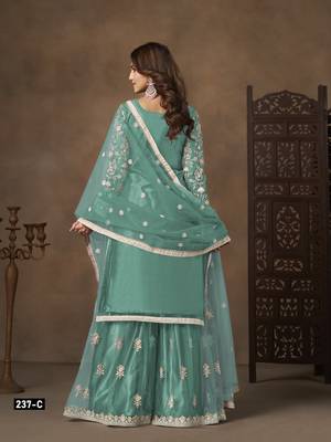 Blue net semi stitched suit with embroidery work 4
