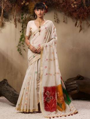 off white floral embroidered muga cotton saree with unstitched blouse 2