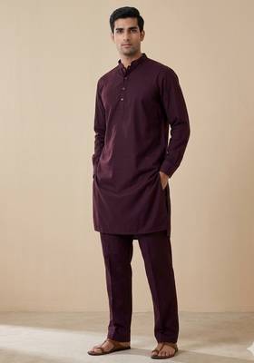 wine color cotton men's kurta with pants 1