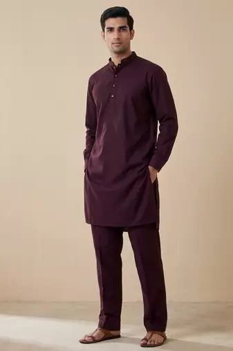 wine color cotton men's kurta with pants