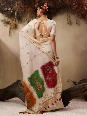 off white floral embroidered muga cotton saree with unstitched blouse 4
