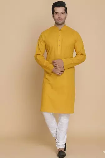 yellow cotton men's kurta with white churidar pajama