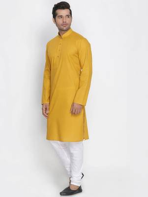 yellow cotton men's kurta with white churidar pajama 2