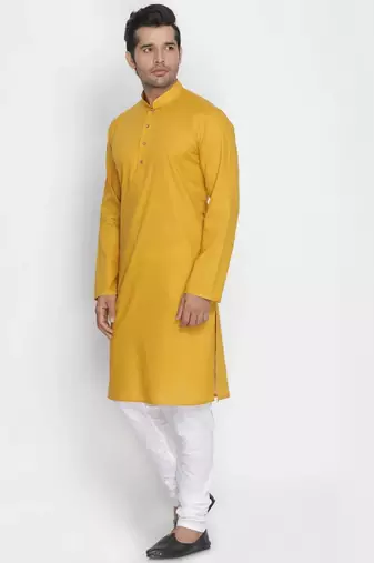 yellow cotton men's kurta with white churidar pajama