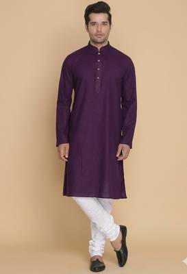 purple cotton men's kurta with white churidar pajama 1