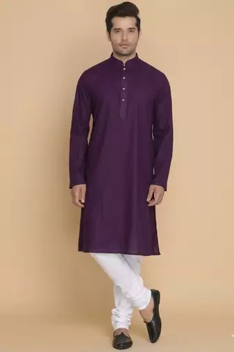purple cotton men's kurta with white churidar pajama