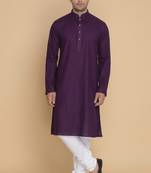 purple cotton men's kurta with white churidar pajama