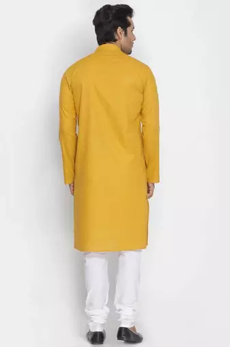 yellow cotton men's kurta with white churidar pajama