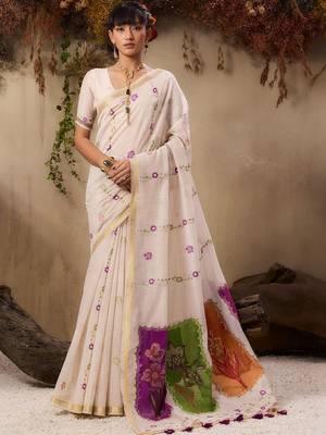 off white floral embroidered muga cotton saree with unstitched blouse 1