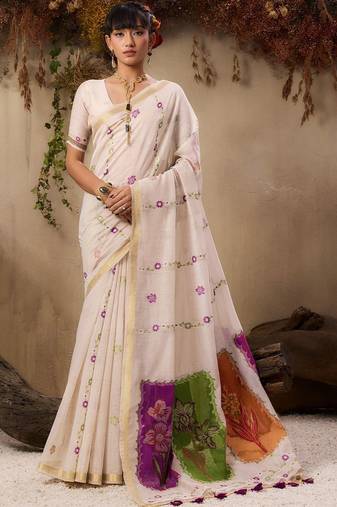 off white floral embroidered muga cotton saree with unstitched blouse