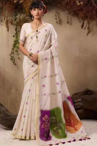 off white floral embroidered muga cotton saree with unstitched blouse