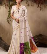 off white floral embroidered muga cotton saree with unstitched blouse