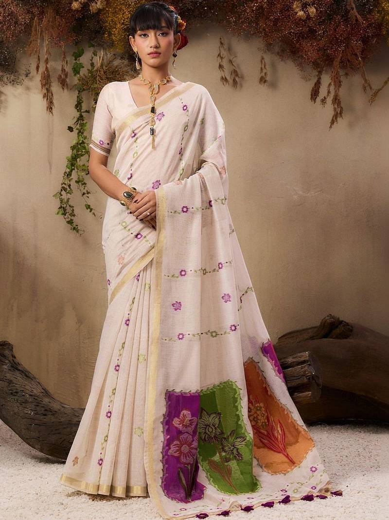 off white floral embroidered muga cotton saree with unstitched blouse