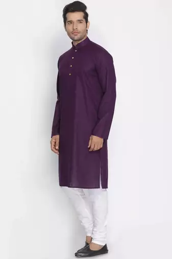 purple cotton men's kurta with white churidar pajama