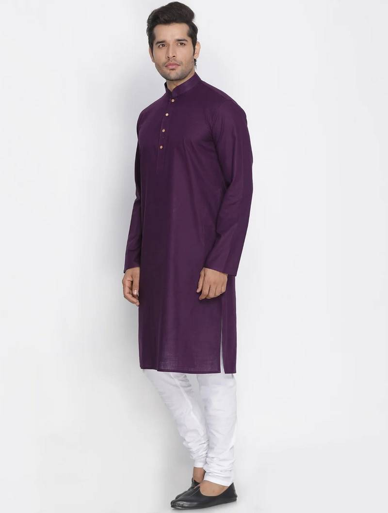 purple cotton men's kurta with white churidar pajama