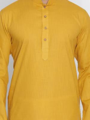 yellow cotton men's kurta with white churidar pajama 4