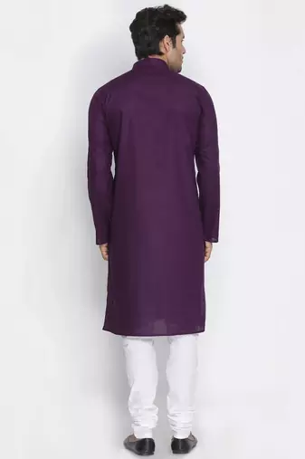 purple cotton men's kurta with white churidar pajama