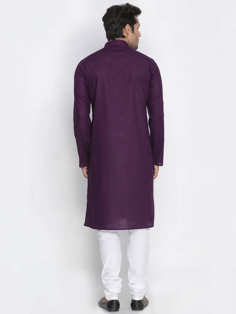 purple cotton men's kurta with white churidar pajama