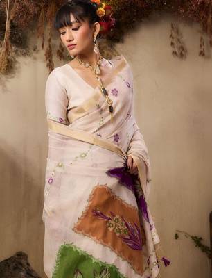off white floral embroidered muga cotton saree with unstitched blouse 2