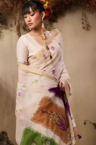 off white floral embroidered muga cotton saree with unstitched blouse