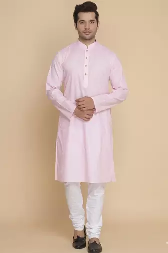 pink cotton men's kurta with white churidar pajama
