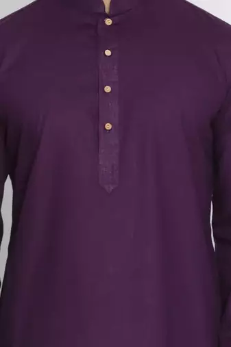 purple cotton men's kurta with white churidar pajama