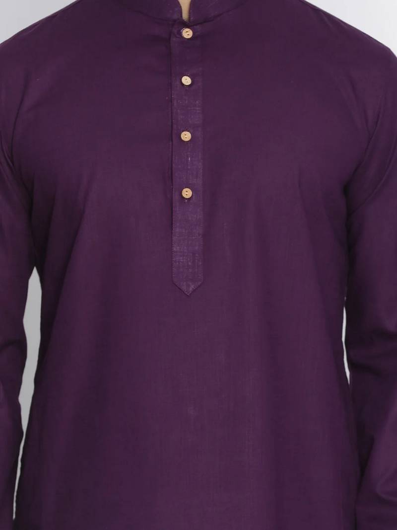 purple cotton men's kurta with white churidar pajama