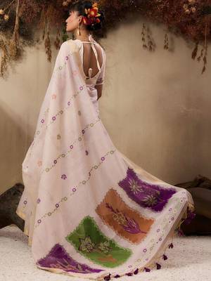 off white floral embroidered muga cotton saree with unstitched blouse 3