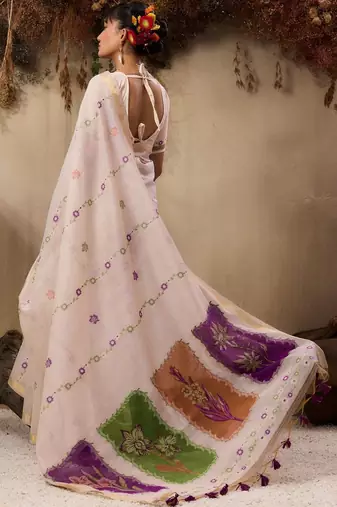 off white floral embroidered muga cotton saree with unstitched blouse