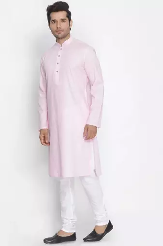 pink cotton men's kurta with white churidar pajama