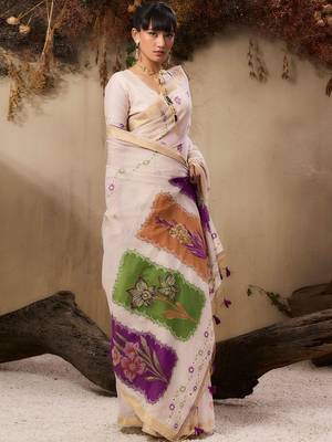 off white floral embroidered muga cotton saree with unstitched blouse 4
