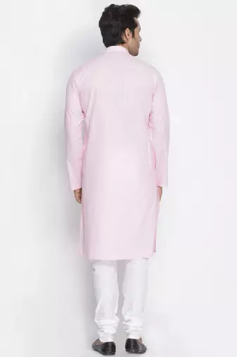 pink cotton men's kurta with white churidar pajama