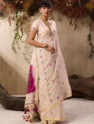 off white floral embroidered muga cotton saree with unstitched blouse 5