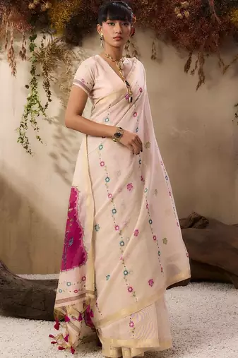 off white floral embroidered muga cotton saree with unstitched blouse