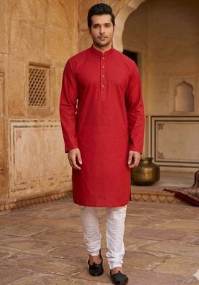 red cotton men's kurta with white churidar pajama 1