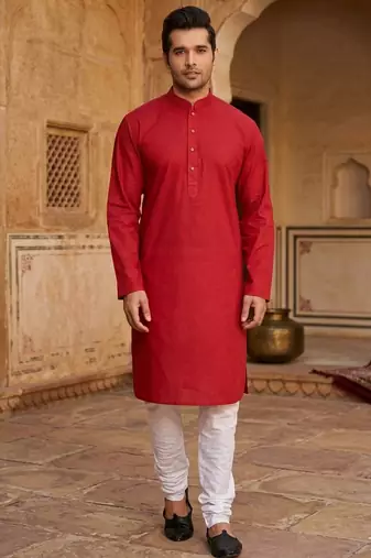 Elegant red cotton men's kurta with white churidar pajama